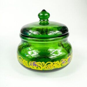 Emerald Green Glass Jam Jelly Jar Purple fruit design Belgium
